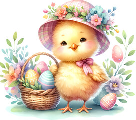 Adorable Chick with Easter Eggs and Flowers
A cute illustration of a fluffy chick wearing a flower hat, standing next to a basket filled with colorful Easter eggs