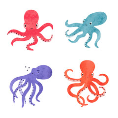 Cute baby octopus vector set. Watercolor sea animals for kids