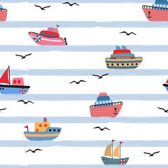 Cute marine pattern with cartoon boats. Seamless vector sea print with cute ships and seagulls