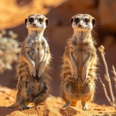 Fototapeta premium Curious meerkats standing alert in the desert