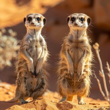 Curious meerkats standing alert in the desert