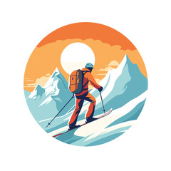 Vector illustration of a man skiing in the mountains on a sunny day.
