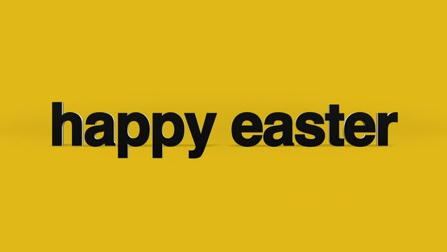 A simple yet cheerful text image saying Happy Easter in black letters against a bright yellow background, evoking joy and festive spirit