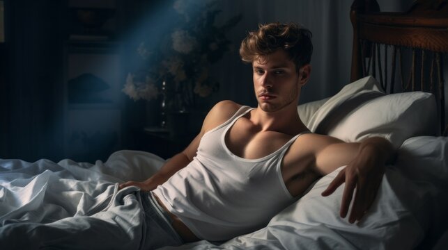An attractive sexy young man wearing a T-shirt and jeans lies and rests on the bed and looks at the camera in a dark bedroom.