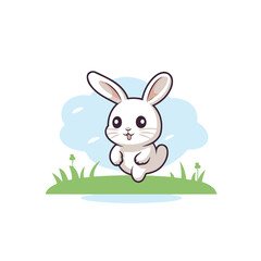 Cute cartoon rabbit on the grass. Vector illustration on white background.