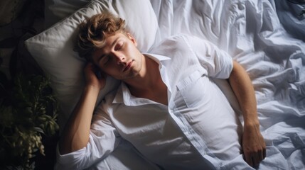 Fototapeta premium Top view An attractive young blond man wearing a white shirt is lying, sleeping, resting on the bed in the bedroom in the morning.