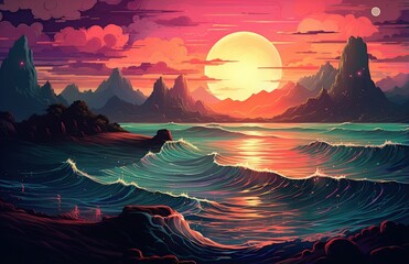 Fantasy Sunset: Vibrant Seascape with Majestic Peaks