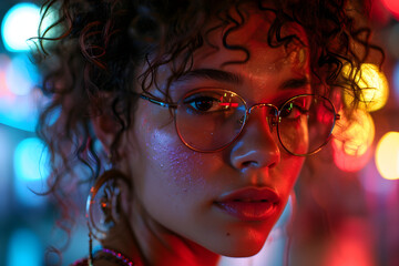 Portrait of Woman with Curly Hair with Exotic Skin, Wearing Glasses with Colorful Lights Behind