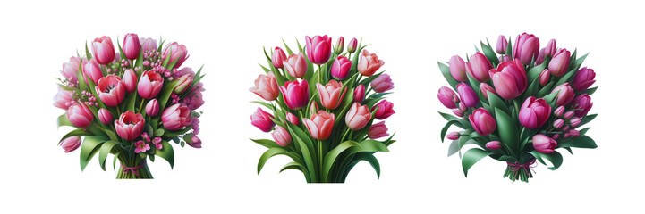  Set of Beautiful Bouquet of pink tulips, illustration, isolated over on transparent white background 