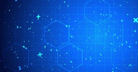 
4K Medical healthcare science and technology background with plus sign and abstract molecules. Futuristic biotechnology chemistry ring structure pharmaceutical cell evolution bg. Bio gene helix bg.
