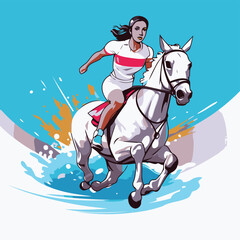 Jockey riding a white horse on a blue background. Vector illustration
