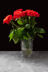Red rose blossom bouquete in vase against black background. Valentine, love, wedding background