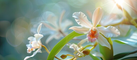 Fototapeta na wymiar A detailed view of a stunning orchid flower captured up close, showcasing its intricate details and vibrant colors against a soft, blurred background. The natural lighting enhances the beauty of the