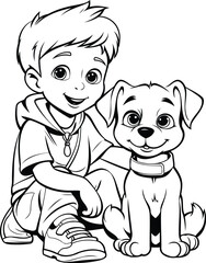 Boy with dog - black and white vector illustration for coloring book.