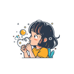 Cute little girl blowing soap bubbles. Hand drawn vector illustration.