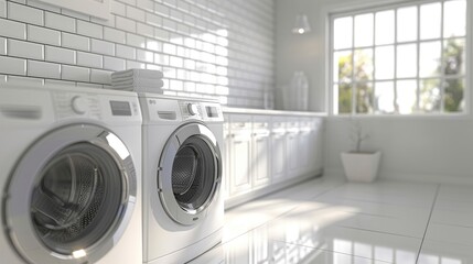 Modern Laundry Room Interior with White Front-Load Washers - obrazy, fototapety, plakaty