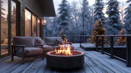 Snowy Evening on a Cozy Backyard Deck with a Warm Fire Pit