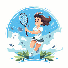 Girl playing tennis vector illustration. Cartoon girl playing tennis isolated on white background.