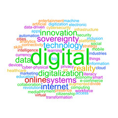 Circular shaped, transparent word cloud with colorful text dealing with digitalization