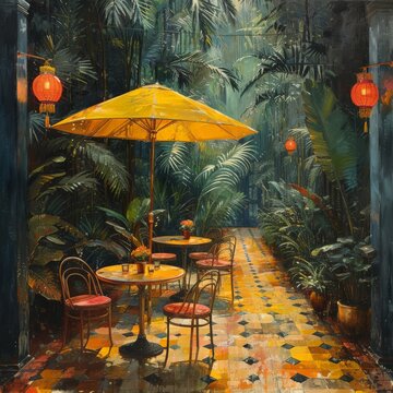 Outdoor cafe in the midst of forest and nature.
