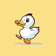 Vector illustration of cute cartoon duck running on a yellow background. Cute cartoon duck.
