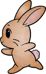 cute cartoon rabbit running from the side in watercolor transparent background brown