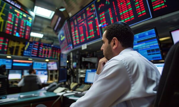 Stock market exchange trading investor sitting  and checking charts on monitors or screen