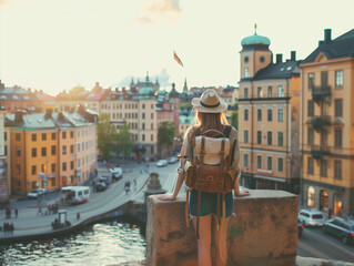 Travelling woman in Stockholm, Sweden at sunset during summer