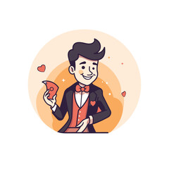 Groom in a tuxedo holding a heart. Vector illustration