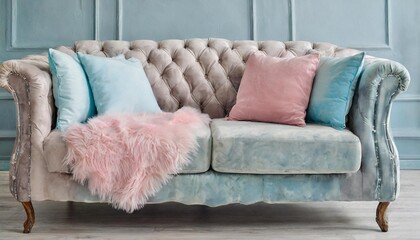 sofa with a soft puff design featuring pastel pink and blue hues