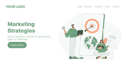 Marketing Strategies. Web Landing Page Design. Flat Cartoon Vector Illustration. Vector illustration, suitable for web landing page, ui, mobile app.