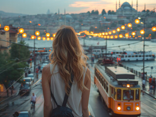 Travelling woman in Instambul, Turkey at sunset during summer