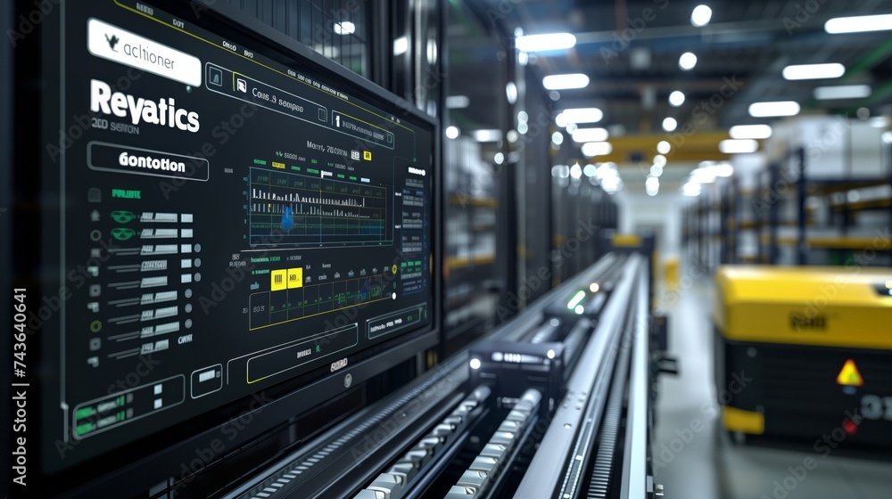 Poster an advanced logistic software interface on a monitor with an operational agv in the background, unde