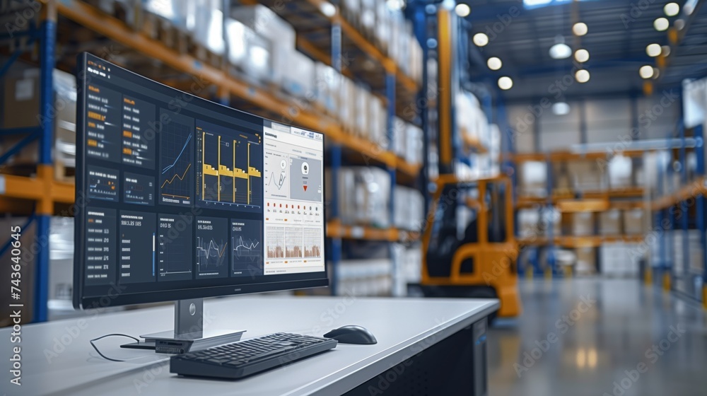Poster an advanced logistic software interface on a monitor with an operational agv in the background, unde