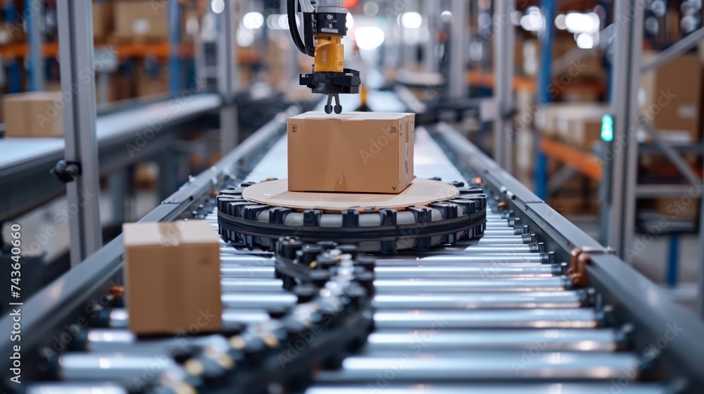 Aufkleber detailed view of a robotic agv arm engaging in automated package sorting on a conveyor belt in a mod