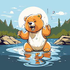 Cute cartoon bear sitting on the bank of a mountain river.