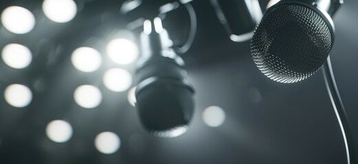 Close-Up of Microphone Against Bokeh Lights for Media Conference - obrazy, fototapety, plakaty