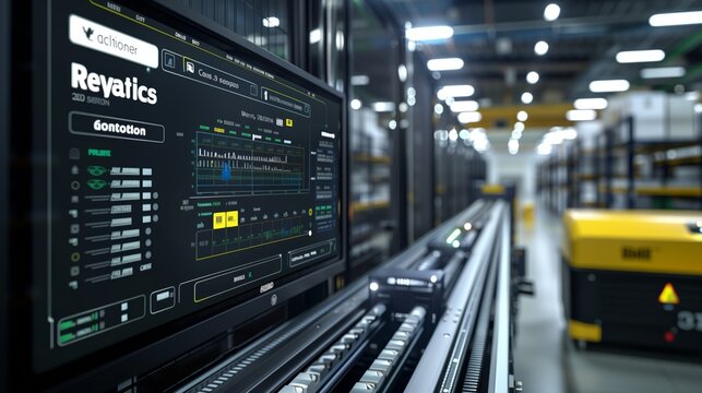 An advanced logistic software interface on a monitor with an operational AGV in the background, underscoring warehouse management innovation.