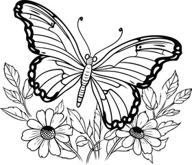 Butterfly with flowers. Black and white illustration. Vector.