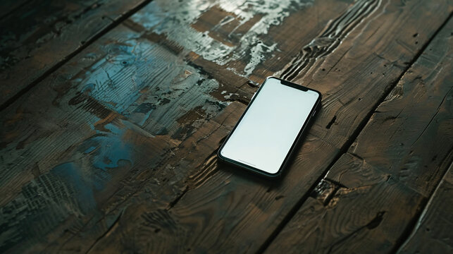Isolated smartphone device on the wooden table at home with blank empty white screen, communication technology concept