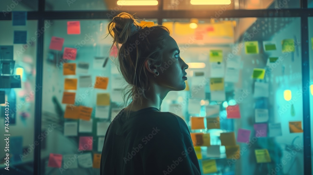 Poster a thoughtful entrepreneur engages in a brainstorming session using colorful sticky notes on a glass 