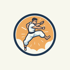 Illustration of a judo fighter jumping viewed from front set inside circle done in retro style. - obrazy, fototapety, plakaty