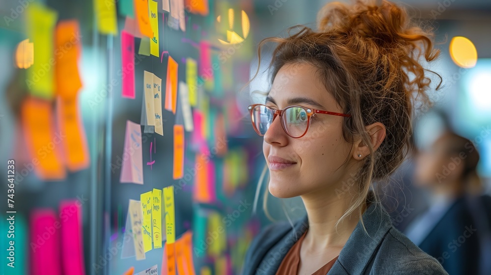 Poster professionals engage in project management using sticky notes on an agile board during a collaborati
