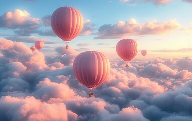 Obraz premium Hot air balloon above high clouds at sunset.