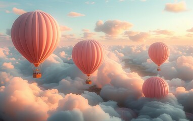 Obraz premium Hot air balloon above high clouds at sunset.
