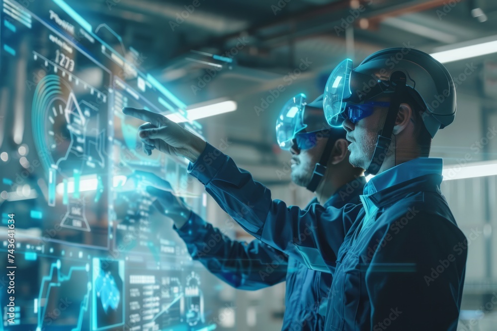 Poster two engineers interacting with futuristic augmented reality interface in industrial setting.