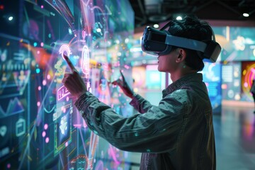 Person using virtual reality equipment with interactive interface