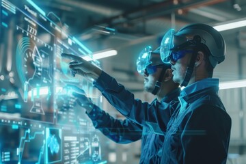 Two engineers interacting with futuristic augmented reality interface in industrial setting.