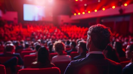 Red seats filled with an audience focused on a presentation in a dimly lit auditorium.