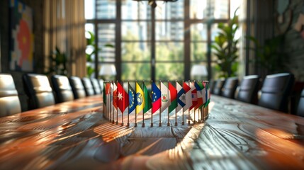 A conference table in a bright office with a circle of various international flags.